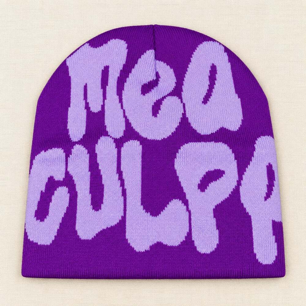 Purple Mea Culpa Graphic Knit Beanie Y2K Statement Streetwear